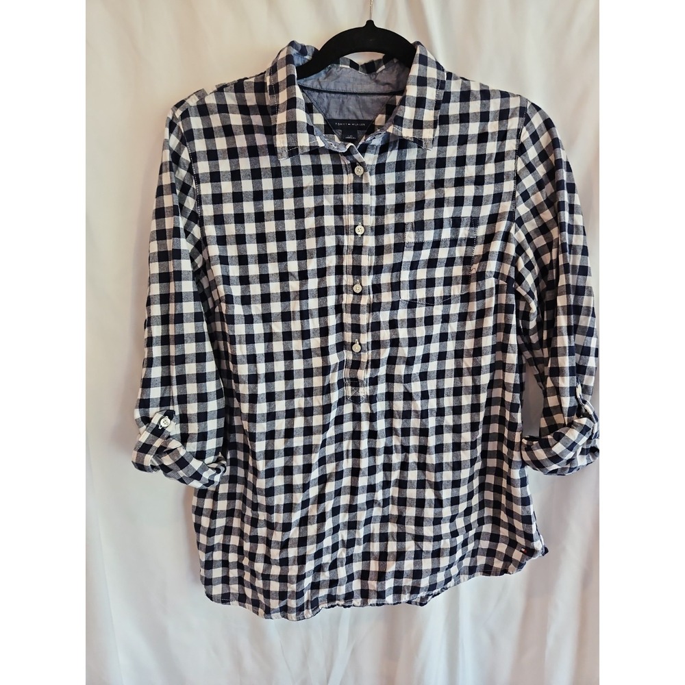 Tommy Hilfiger Large Checkered Three Quarter Button Blouse